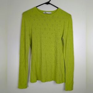Zara Womens Top Medium Green Knit Long Sleeve Heart Pointelle‎ Pullover